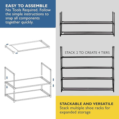 Sundaze Shoe Rack - 2 Tier Shoe Rack for Front Door Entrance, Sturdy Long Shoe Organizer for Closet, Bedroom, Entryway, Garage, Non Woven Fabric Shelf, Black, Holds Up to 10 Pairs