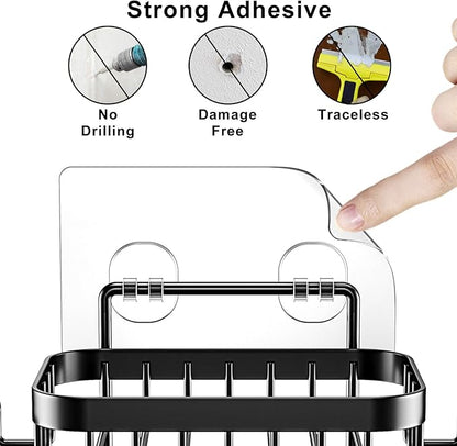 ODesign Soap Dish Holder SUS304 Stainless Steel with 6 Hooks Loofah Bath Sponge Towel Razor Holder for Bathroom Shower Kitchen Adhesive Wall Mounted No Drilling-Black-1 Pack