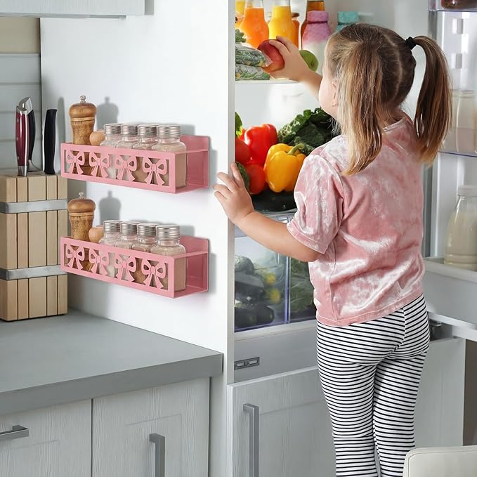 Beeveer 2 Pack Cute Bow Magnetic Spice Rack for Refrigerator Metal Magnet Basket Shelf for Fridge Seasoning Storage Organizers Home Decor Kitchen Accessories (Pink)