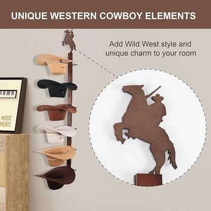 Cowboy Hat Rack Holder for Wall - Wild Western Style Design Hat Organizer with 6 Hat Hooks for Wall Mount, Hat Stand and Hanger for Storage and Organization，Gifts for Men Fathers Dad