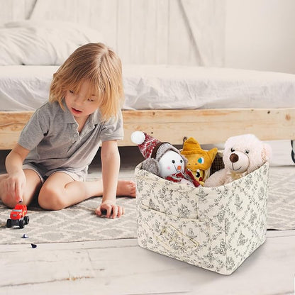 Storage Basket Boho Fabric Large Collapsible Floral Laundry Nursery Hamper Portable Folding Storage for Clothes Toys (Vine-Coffee)