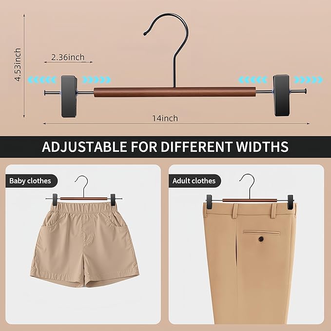 Wooden Pants Hangers with Clips 14Inch 20 Pack Adjustable Wood Skirt Hangers for Women&Men Space Saving Closet Non Slip Clothes Hanger for Jeans,Trousers,Short,Brown