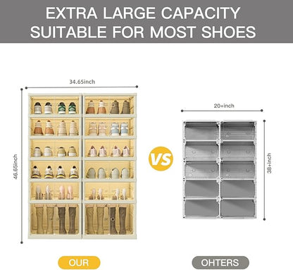 Dimmeda 6 Tiers Foldable Shoe Rack Organizer for Closet with Wheels, 24Pairs Plastic Collapsible Shoe Shelf for Front Door Entrance Stackable Clear Folding Shoes Storage Boxes Tall Shoe Cabinet