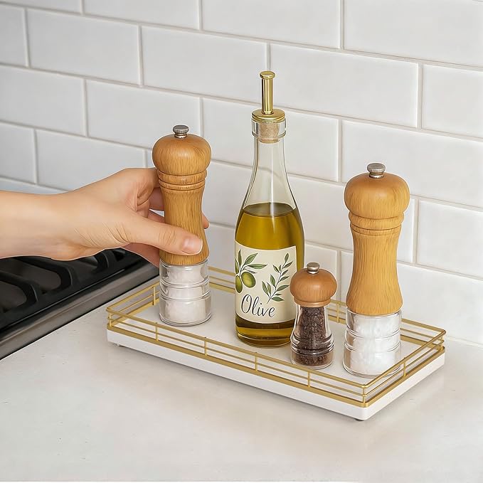 Bathroom Vanity Tray for Countertop, 12" x 6" Oak Wood Toilet Tank Tray with Metal Guardrail, Bathroom Organizer for Soap, Perfume & Skincare, Non-Slip Decorative Tray for Dresser, Gold & White