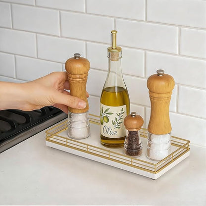 Bathroom Vanity Tray for Countertop, 12" x 6" Oak Wood Toilet Tank Tray with Metal Guardrail, Bathroom Organizer for Soap, Perfume & Skincare, Non-Slip Decorative Tray for Dresser, Gold & White