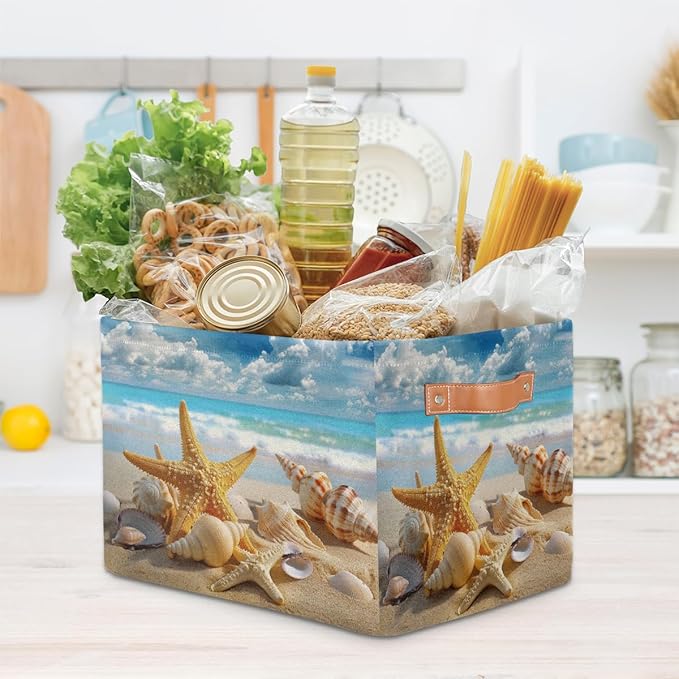 AUUXVA Storage Basket Sea Ocean Beach Starfish Shell Storage Cube Box Durable Canvas Collapsible Toy Basket Organizer Bin with Handles for Shelf Closet Bedroom Home Office