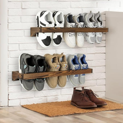 MyGift 30 Inch Rustic Burnt Solid Wood Hanging Shoe Rack, Set of 4 Wall Mounted Storage Organizer Footwear Holder for Closet, Mudroom, Entryway, Holds 12 Pairs