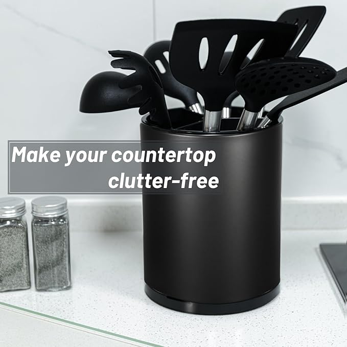 Kitchen Utensil Holder for Countertop 360° Rotating Utensil Caddy Extra Large Utensil Crock Cooking Utensil Holder for Kitchen Counter (Black)