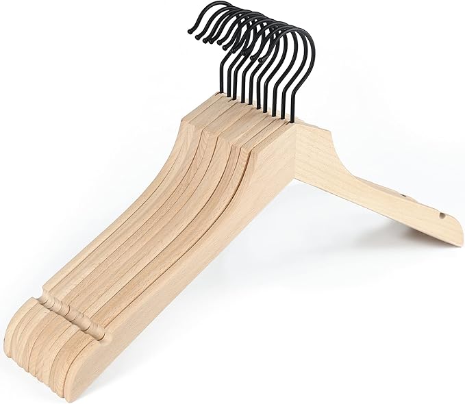 Amber Home 24 Pack Stylish Thin Solid Wooden Shirt Dress Hangers, Sturdy Natural Slim Wood Coat Jacket Hangers with Non-Lacquer Smooth Surface, Extra Space Saving Clothes Hangers (Natural, 24)