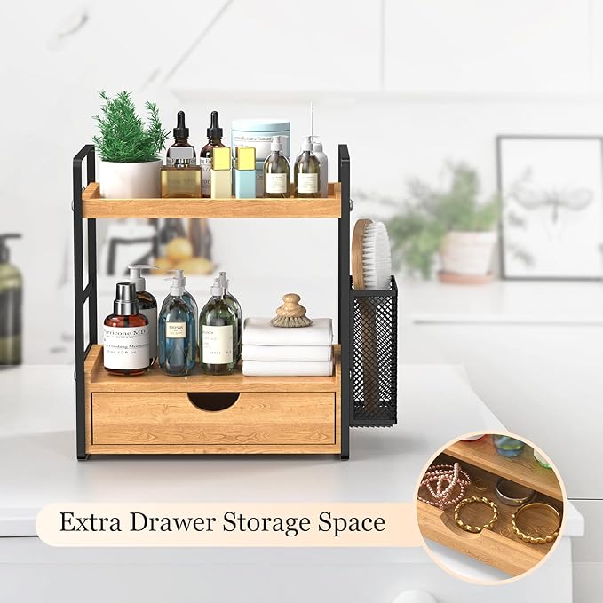 LEMIKKLE Bathroom Counter Organizer with Drawer and Basket,Wood Countertop Organizer for Bathroom Decor Makeup Tray for Perfume Skincare Bedroom Kitchen Corner