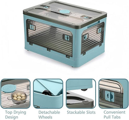 2 Pack Plastic 4 Doors Collapsible Storage Bins with Lid & Wheels, 50 Liters Folding Storage Bins, Stackable Multifunctional Box for Camping Clothes Snack Storage