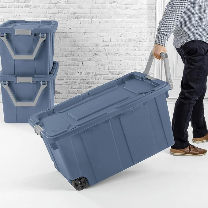40-Gallon Wheeled Storage Bins (2-Pack) - Heavy Duty Plastic Totes with Lids & Handles - Industrial Garage/Utility Containers for Tools, Camping Gear (36.9" x 21.4") (blue)