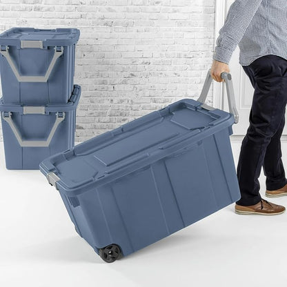 40-Gallon Wheeled Storage Bins (2-Pack) - Heavy Duty Plastic Totes with Lids & Handles - Industrial Garage/Utility Containers for Tools, Camping Gear (36.9" x 21.4") (blue)