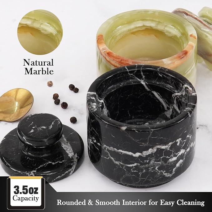 Marble Salt Cellar 3" Inch Black Zebra & Green Onyx Celtic Salt & Pepper Bowls with Lid For Spring Decorations for Home & Kitchen, Perfect Mother’s Day Gift, Sugar Dish & Coffee Storage Container