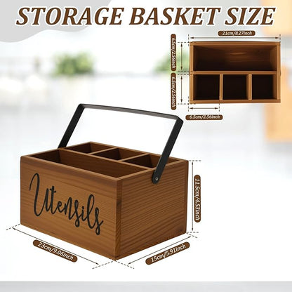 Utensil Holder, Silverware Organizer with Handle, Wooden Kitchen Utensil Caddy, 4 Compartmen Cutlery Holder Flatware Caddy, Spoon Holder, Versatile Organizer for Kitchen Counter Party Picnic Camping