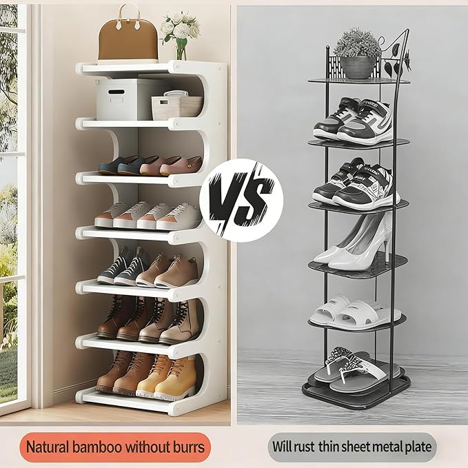 39" Bamboo Shoe Rack - Vertical Shoe Organizer Rack for Small Space, Narrow Shoe Tower for Closet, Entryway, Corner, Tall Shoe Shelf with Removable Shelves, Flexible Storage Shelf for Saving Space