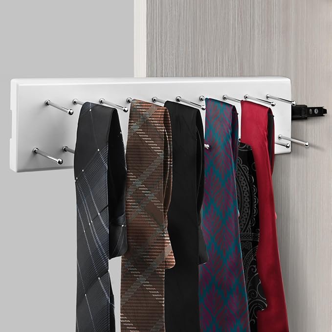 Wood Pull Out Belt Rack for Closet, 21 Tie Hanger Extending Sliding Tie Rack Hanger, Side Mount Sliding Rail Organizer Storage Rack Holder with 21 Hooks for Ties Scarves Belts Shawls, White