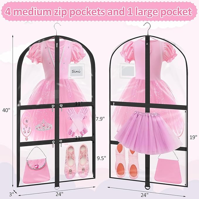 Garment Bags for Dance Costumes - 40 Inch Clear PVC with 5 Zipper Pockets (3 Pack) - Kids Dance Garment Bag for Dancers, Hanging Clothes Storage, Competitions & Travel (‎Clear Black)