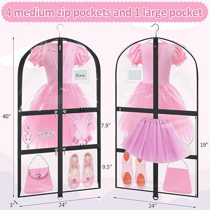 Garment Bags for Dance Costumes - 40 Inch Clear PVC with 5 Zipper Pockets (3 Pack) - Kids Dance Garment Bag for Dancers, Hanging Clothes Storage, Competitions & Travel (‎Clear Black)