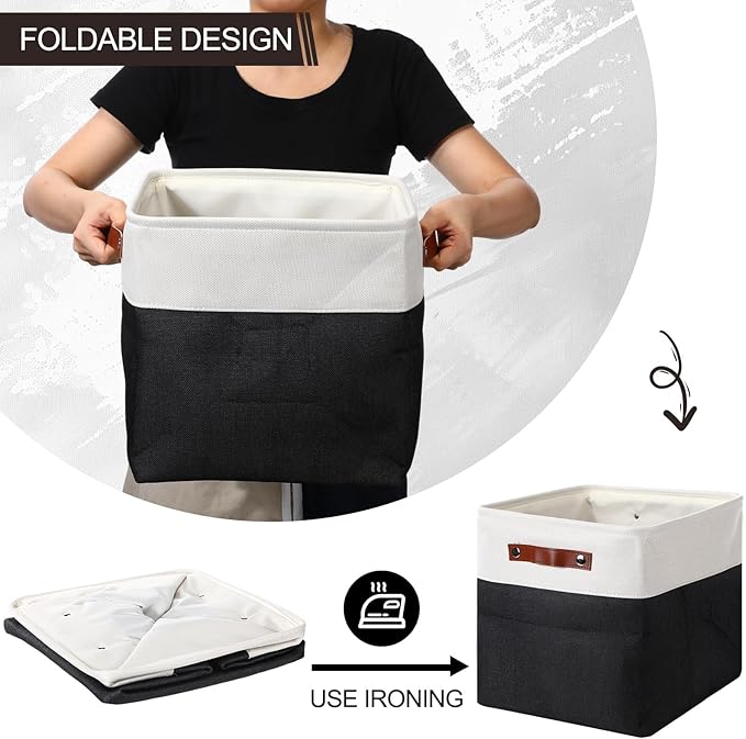 Uiifan 8 Pack 12 x 12 x 12 Inch Large Storage Baskets Collapsible Fabric Storage Cubes Bins with Handles for Shelves Closets Nursery Home Clothes Toys Organizers, Black