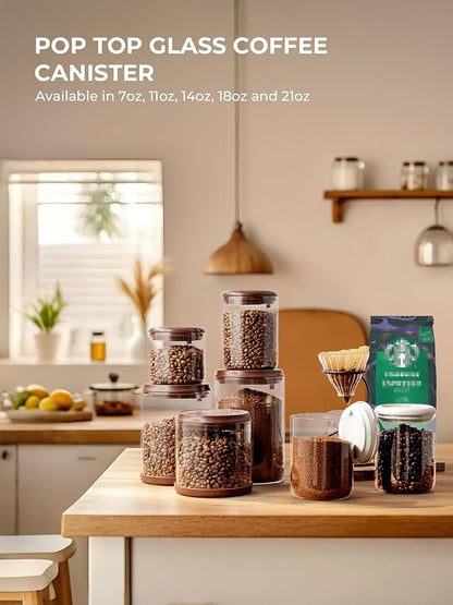 Glass Coffee Bean Jar – Pop Top Air Tight Coffee Bean Container with CO2 Valve, 10 oz Coffee Storage Airtight Canister, 0.63lb