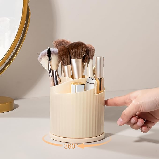 Anyoifax 360 Rotating Makeup Brush Holder Organizer 5 Slots Make Up Brushes Cup Flower-Shaped Spinning Pen Holder for Vanity, Cosmetics, Lipsticks, Beige
