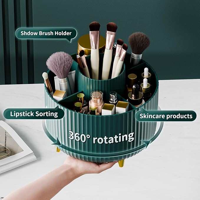 fanado 360° Rotate Makeup Brush Holder Organizer, Makeup Organizers Countertop, Makeup organization and Skincare Storage for Vanity, Desktop, Bathroom (Green)