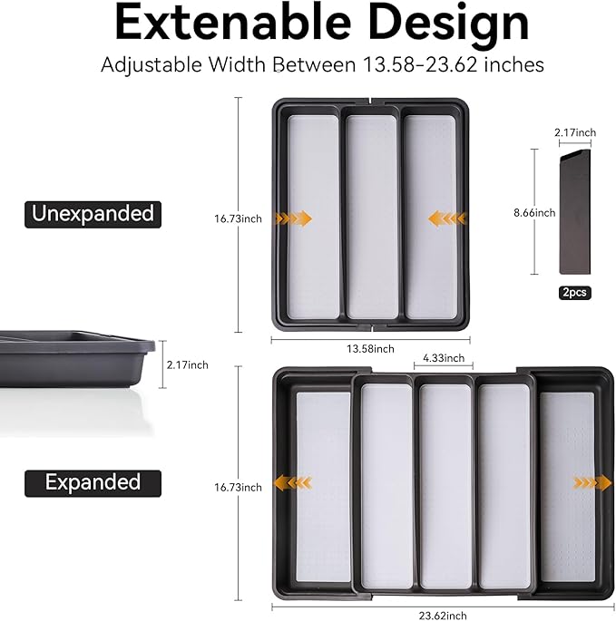 Silverware Drawer Organizer, Expandable Large Drawer Organizer, BPA Free Flatware and Cutlery Tray, Adjustable Storage with Anti-Slip Linner inside for Spoons Forks Knives with 2 Knife Guards, Grey