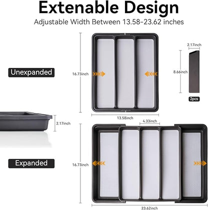 Silverware Drawer Organizer, Expandable Large Drawer Organizer, BPA Free Flatware and Cutlery Tray, Adjustable Storage with Anti-Slip Linner inside for Spoons Forks Knives with 2 Knife Guards, Grey