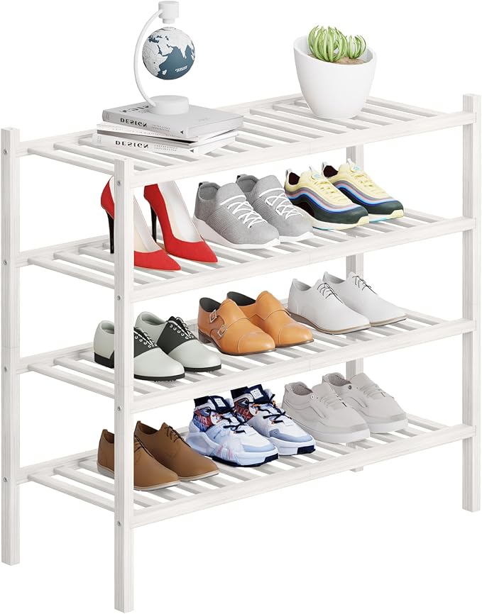 4 Tier Bamboo Shoe Rack Storage Organizer for Closet, Multifunctional Stackable Free Standing Shoe Shelf Organizer for Small Space,Entryway, Hallway, Bathroom27 x11 x26(White, 4 Tier)