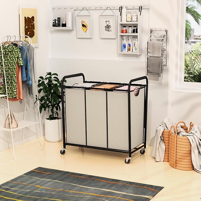 180L (47.55 Gal) Laundry Sorter 3 Section, Rolling Laundry Basket with Lockable Wheels and Lid, Laundry Hamper with 3 Separated Removable Bags Dirty Clothes Hamper for Laundry Room Organizer, White