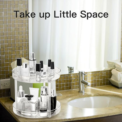 360° Rotating Makeup Organizer, Adjustable Spinning Cosmetic Carousel with Brush Holder and Perfume Tray - Large Capacity Clear Display Case for Vanity and Bathroom Countertop (Double-Deck)