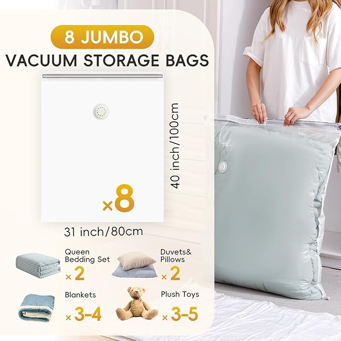 8 Extra Large Jumbo+ 25 Pack (5 Jumbo, 5 Large, 5 Medium,10 Roll Up Bags) Space Saver Bag