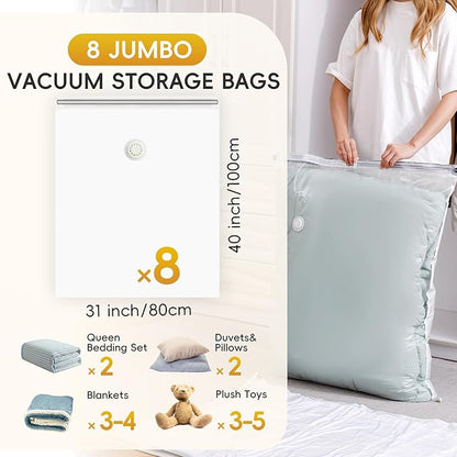 8 Extra Large Jumbo+ 25 Pack (5 Jumbo, 5 Large, 5 Medium,10 Roll Up Bags) Space Saver Bag