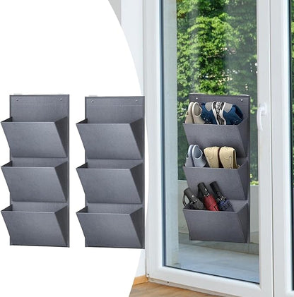 2 Pack Over The Door Shoe Organizer with 3 Sections for Towels and Laundry Items, Gray