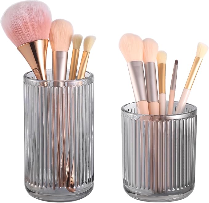 DASITON Makeup Brush Holder Organizer, Crystal Glass Makeup Brushes Storage Holder, Vintage Make Up Brush Cup for Vanity, Pen Pencil Holder for Desk, Toothbrush Holders for Bathroom (Grey SL)