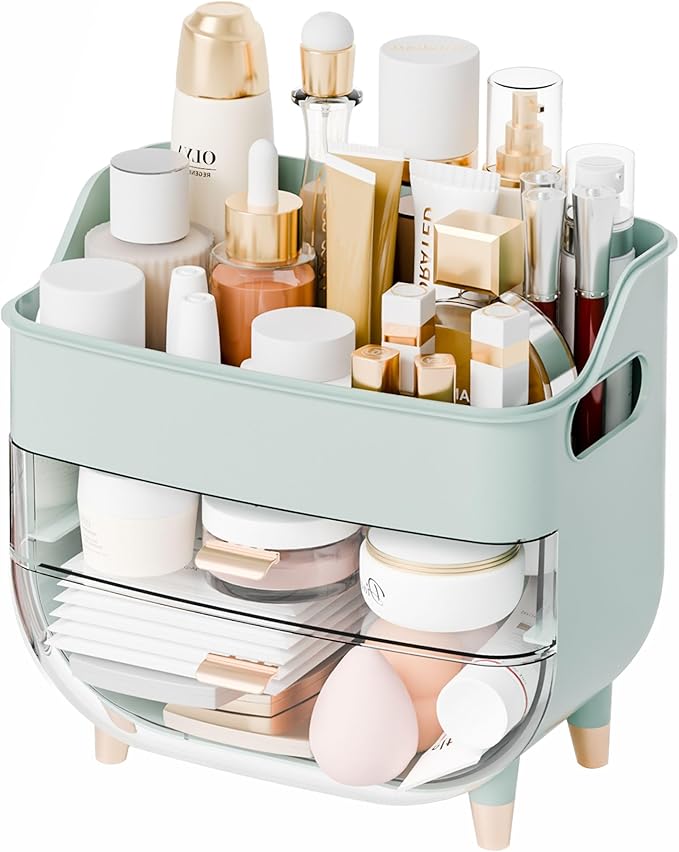 Yieach Green Make up Organizers for Counter,Vanity and Dresser,Bathroom Makeup Organizer Countertop,Large Makeup Storage Organizer for Hair Tool,Beauty Products,Skin Care and Cosmetic Display Cases