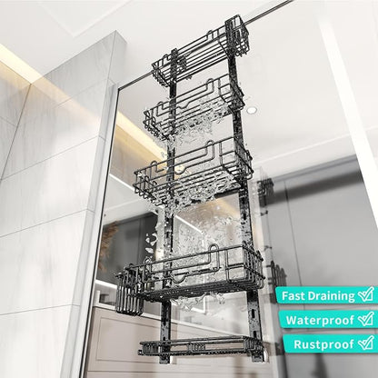 HapiRm 5 Tier Over the Door Shower Caddy, Hanging Shower Caddy with 28 Hooks and 2 Toothbrush Holders, No Drilling Adjustable Hanging Bathroom Organizer - Black