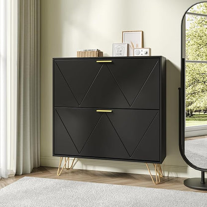 JOZZBY Black Shoe Cabinet for Entryway, Narrow Shoe Storage Cabinet with 2 Flip Drawers, Hidden Shoe Rack for Hallway, Living Room