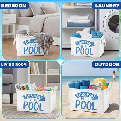 Yungyan This Way to The Pool Towel Storage Basket Bin and Organizer Large Pool Towel Storage Basket Waterproof Canvas Cube with Handle Beach Gift for Outdoor Summer Seaside Home Clothes Book Toy