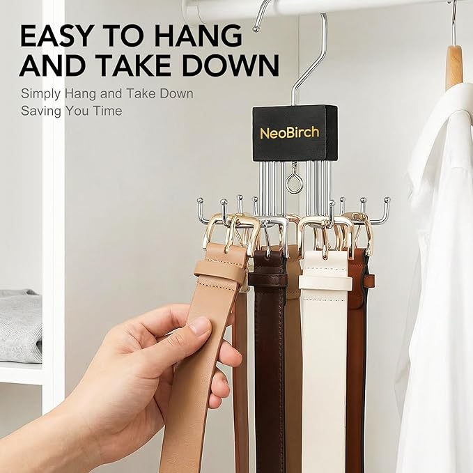 2 Pack Premium Tie and Belt Rack Hanger for Men for Closet Organizers and Storage Space Saving with 360° Rotating Hooks Anti-Slip Clips for Scarves,Hat,Baseball Caps,Tank Tops Bras (L-Shaped Hook)