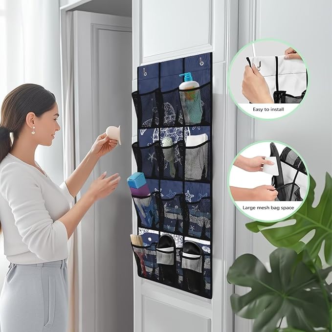 Over Door Hanging Organizer - 12 Reinforced Pockets for Diapers, Cleaning Supplies, Toys, Anti-Slip Metal Hooks,Sea Turtle