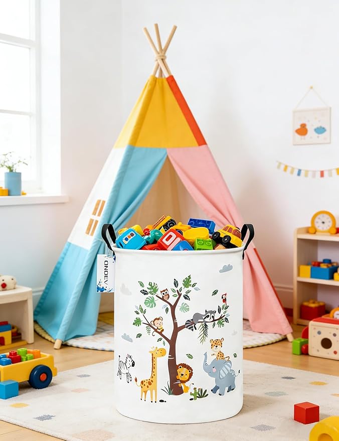 Round Animal Laundry Basket,Collapsible Laundry Hamper for Nursery,Cute Jungle Animal Toy Storage Bin for Kids,Waterproof Storage Basket for Home,Bedroom,Playroom,New Parent Gift (Tree Animals)