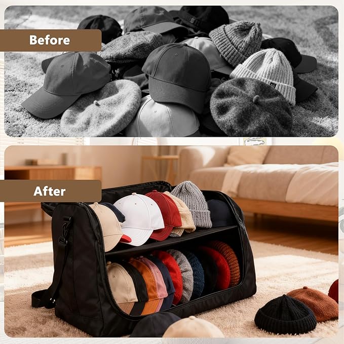 Gugxiom Large Hat Bag for Baseball Caps, Portable Hat Carrier Holder Case for 24 Caps，Black Hat Storage Bag for Travel,Business Trips，Home Organisation and Moving House