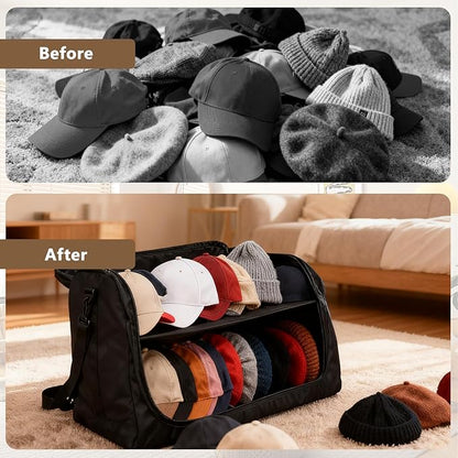 Gugxiom Large Hat Bag for Baseball Caps, Portable Hat Carrier Holder Case for 24 Caps，Black Hat Storage Bag for Travel,Business Trips，Home Organisation and Moving House
