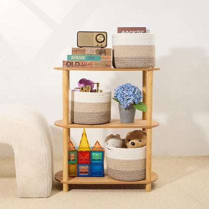 MiniArk Small Basket for Organizing | Cube Shelf Closet Storage Baskets | 9.7×9.7×7.1” | Woven Rope Gift Basket | Nursery | Round 3 Packs Gradient Brown