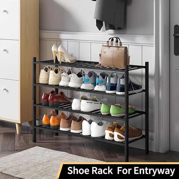 Long Shoe Rack, 4-Tier Bamboo Stackable Shoe Shelf Storage Organizer, Shoe Stand for Closet, Entryway and Hallway(Black)