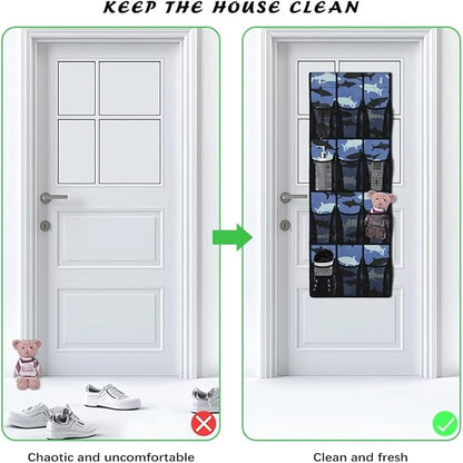 12-Pocket Behind The Door Storage Organizer, Oxford Material Waterproof Foldable and Designed for Bathroom Pantry or Bedroom Use, Blue Black Shark