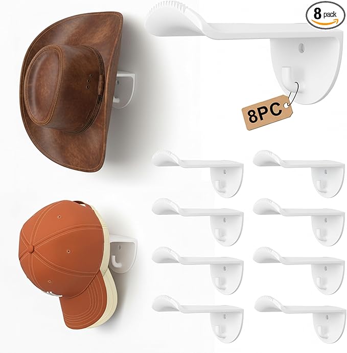 Adhesive Hat Hooks for Wall, 8 Pack, 2.9" Cowboy Hat Rack Prevents Deformation, Hat Hangers with Key Hook for Baseball Caps & Fedora, Drill or Stick, Western Decor Organizer, White