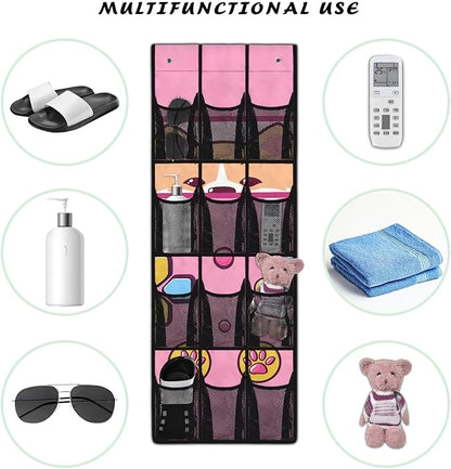 Over The Door Hanging Storage Pockets, Behind The Door Organizer, Closet Door Organizer with 12 Mesh Pockets for Bedroom Bathroom,Cute Dog
